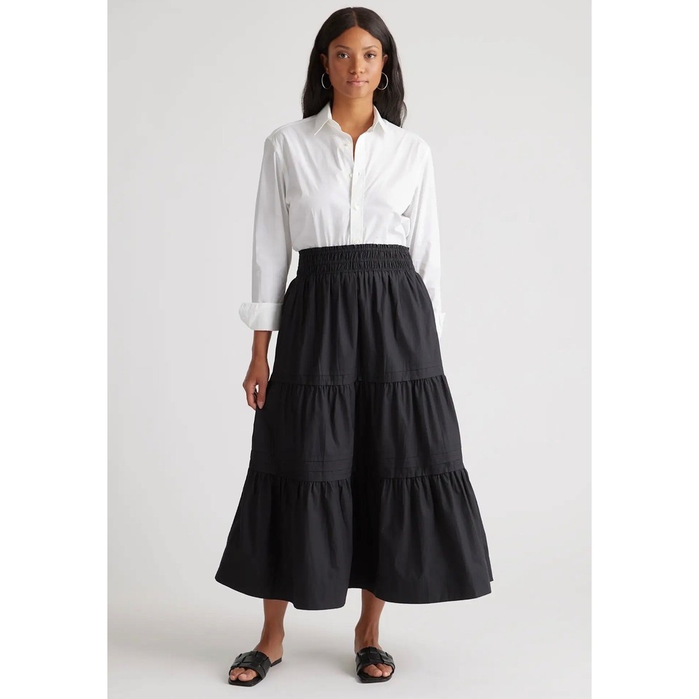 NWOT Quince Organic Cotton Poplin Tiered Maxi Skirt Black M Cottagecore